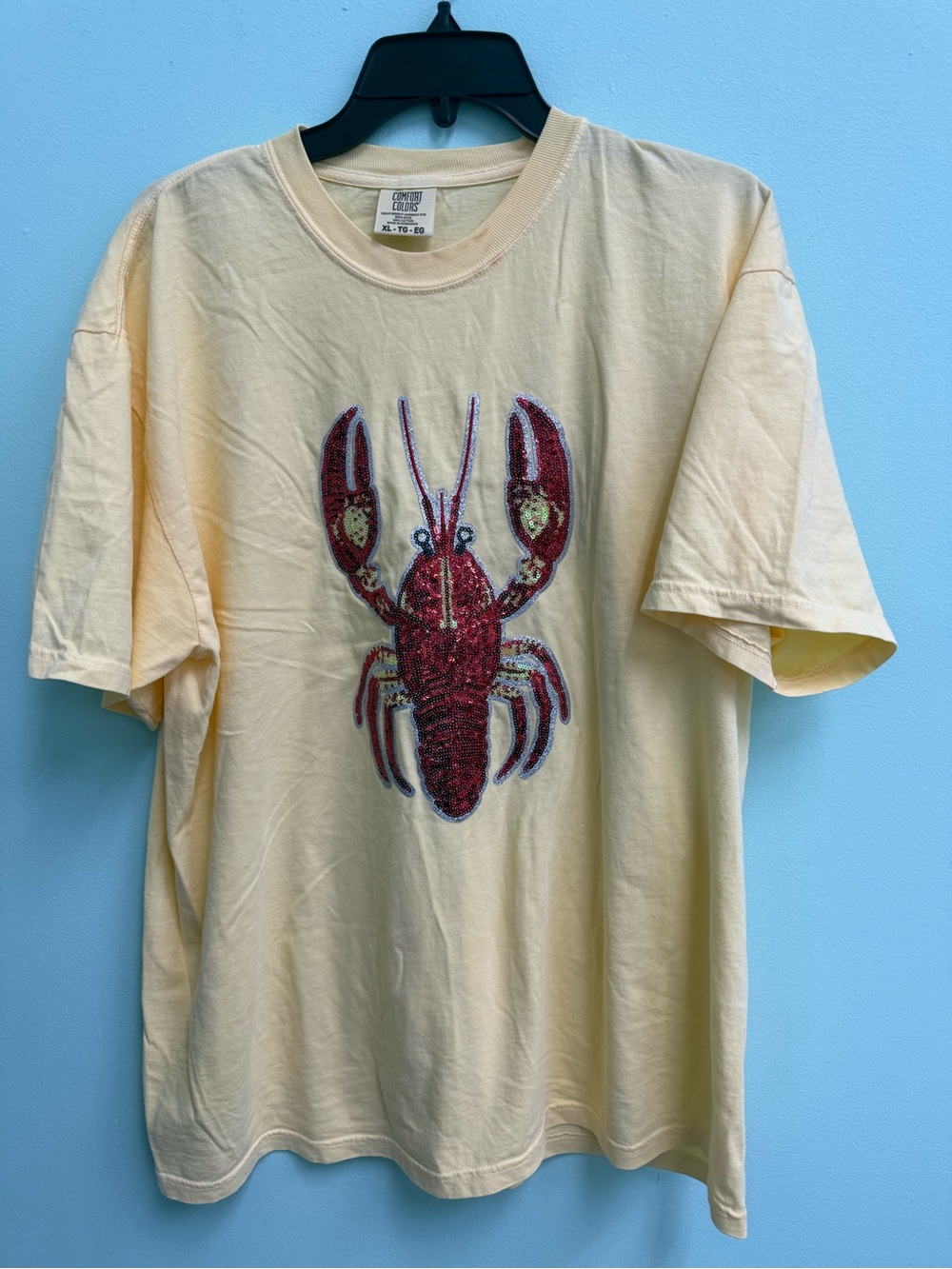 Comfort Colors Cream Short Sleeve Tee with Red Lobster Sequins Graphic